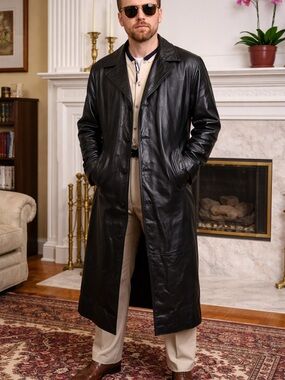 Wilsons Leather Black Long Leather Trench Coat